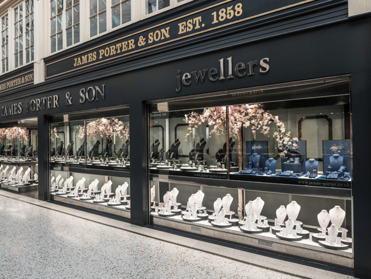 Exterior of the flagship James Porter & Son shop in Glasgow, located within Argyll Arcade